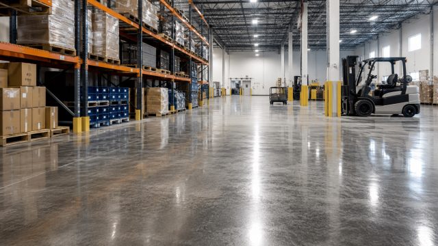 Large commercial warehouse with polished concrete flooring, pallet racks, boxed inventory, and a forklift parked beside the open floor area.