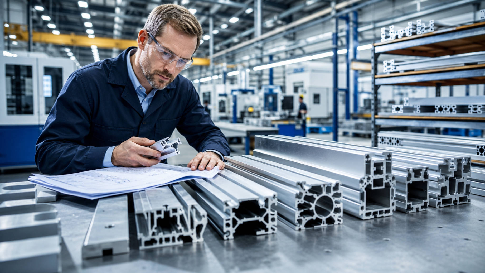Manufacturing engineer inspecting precision aluminum extrusion profiles and technical drawings inside an advanced industrial facility.