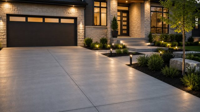 Smooth concrete driveway and entrance walkway leading to a modern luxury residence with illuminated landscaping.