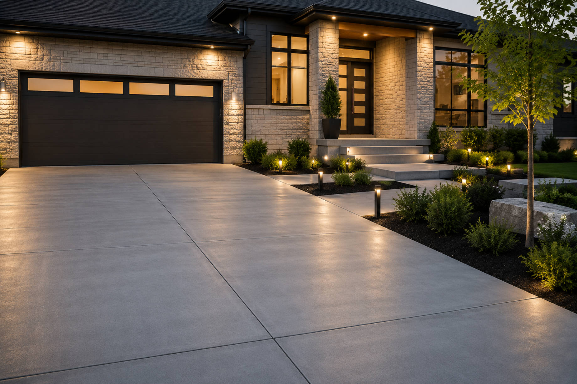 Smooth concrete driveway and entrance walkway leading to a modern luxury residence with illuminated landscaping.