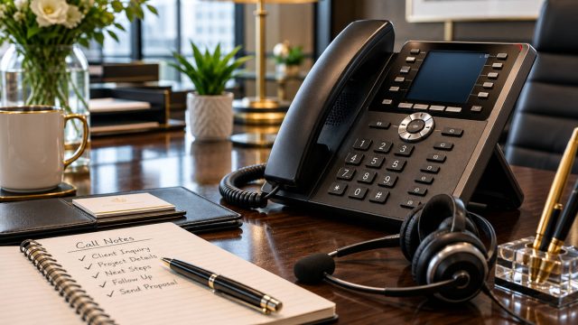 Executive office desk with a business phone, professional headset, call notes, pen, and refined workspace accessories.