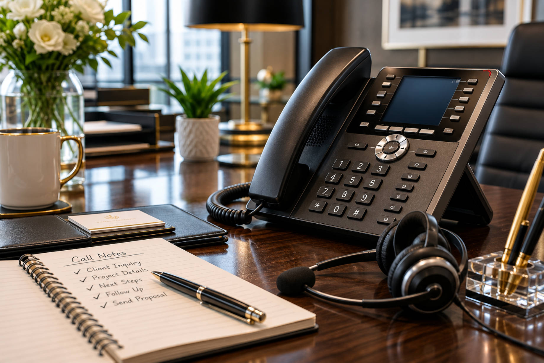Executive office desk with a business phone, professional headset, call notes, pen, and refined workspace accessories.