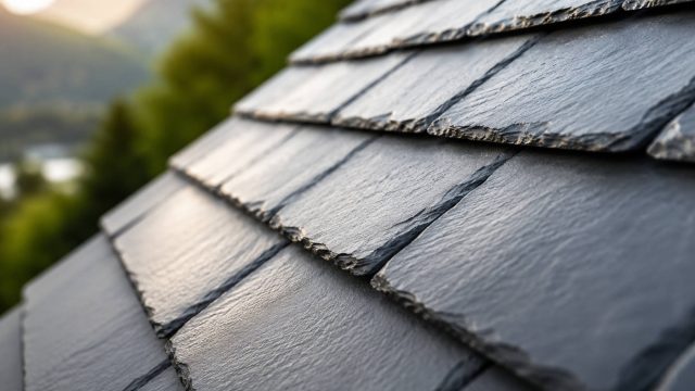 Close-up of premium natural slate roof tiles with layered edges, textured surfaces, and a softly blurred landscape.