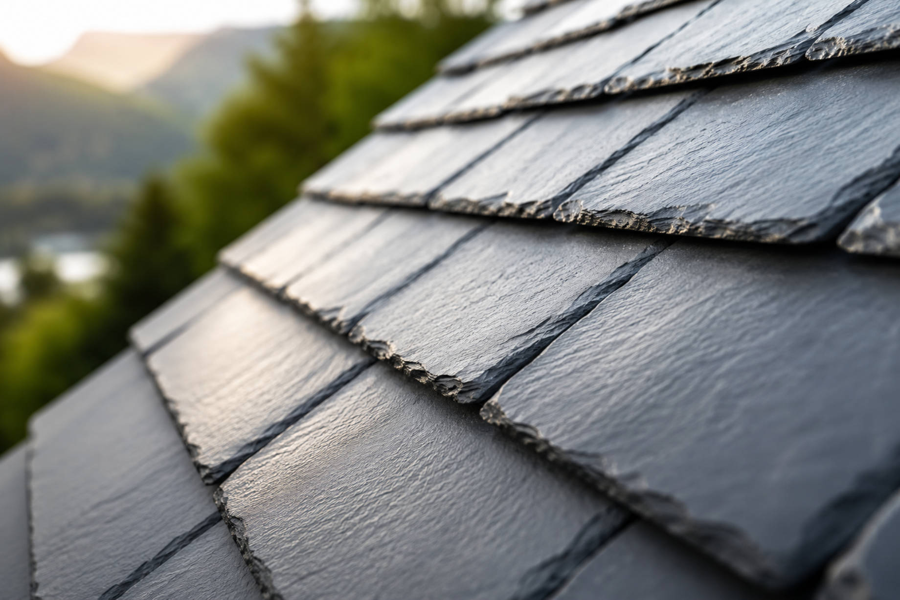 Close-up of premium natural slate roof tiles with layered edges, textured surfaces, and a softly blurred landscape.