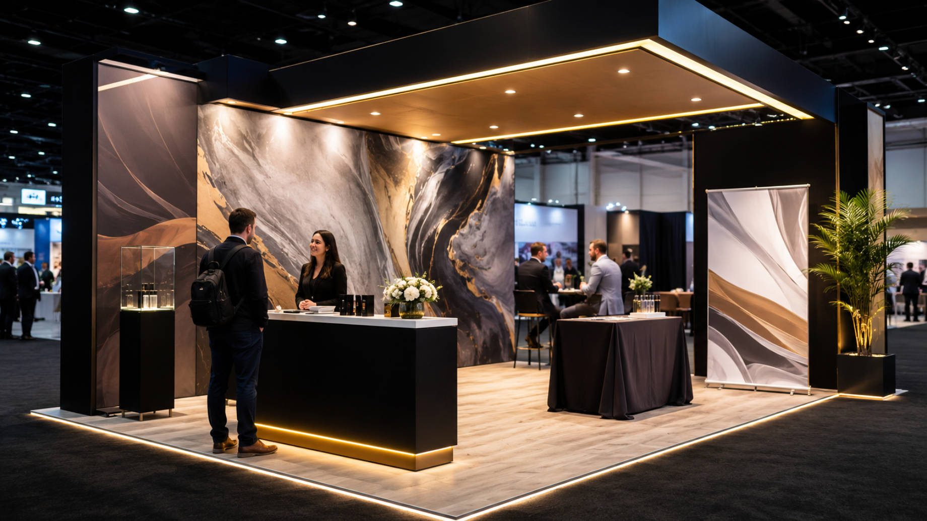 High-end exhibition booth with illuminated architectural framing, large fabric graphics, a reception counter, product displays, and professional attendees.