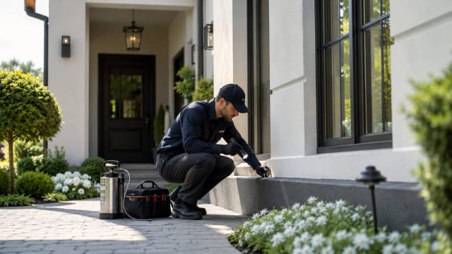 A pest control technician inspects the foundation of a modern home with professional equipment beside a clean landscaped entryway.