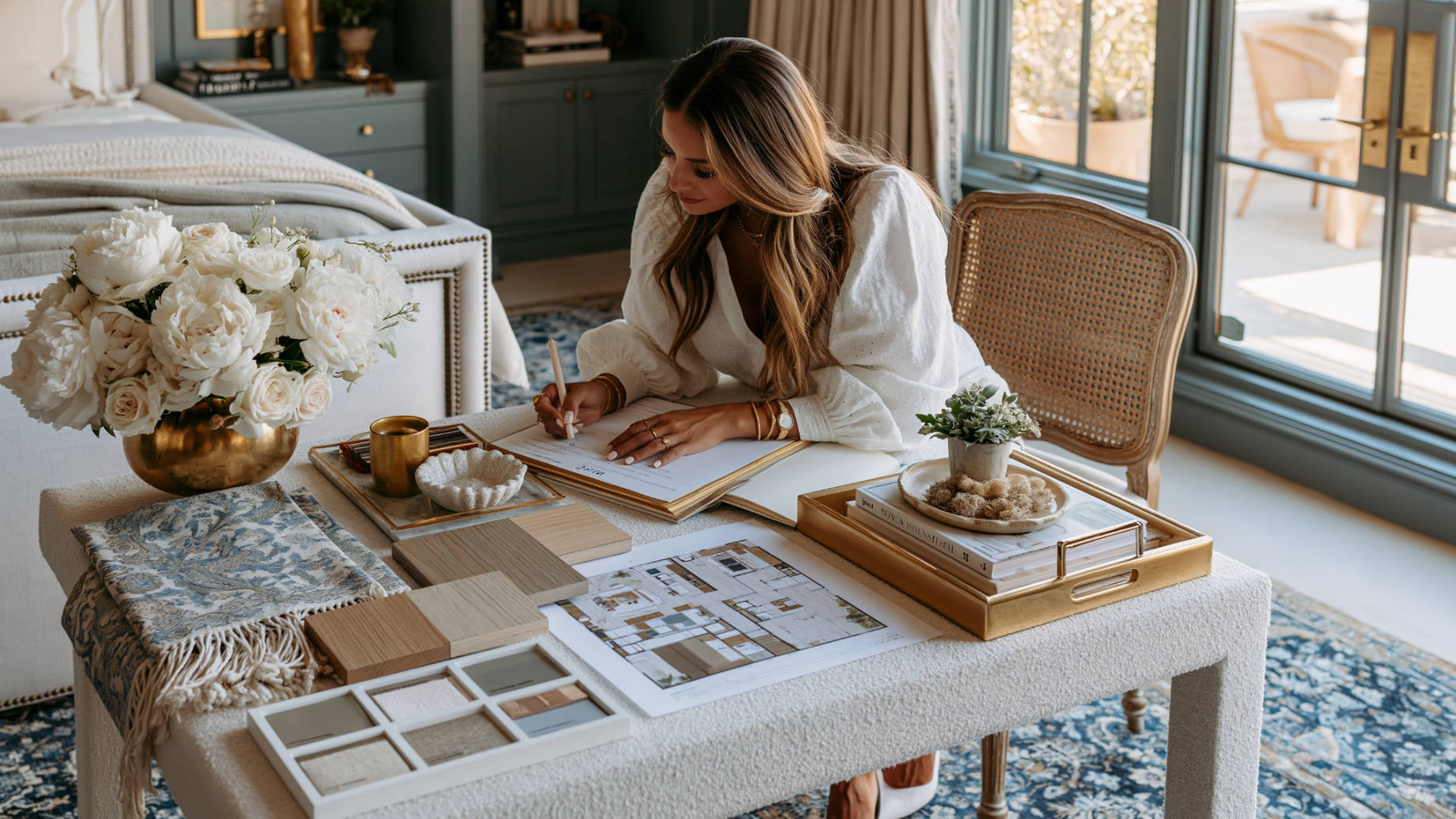 Designer writing notes beside floor plans, wood samples, fabric swatches, and a partially visible upholstered bed in a refined primary suite.