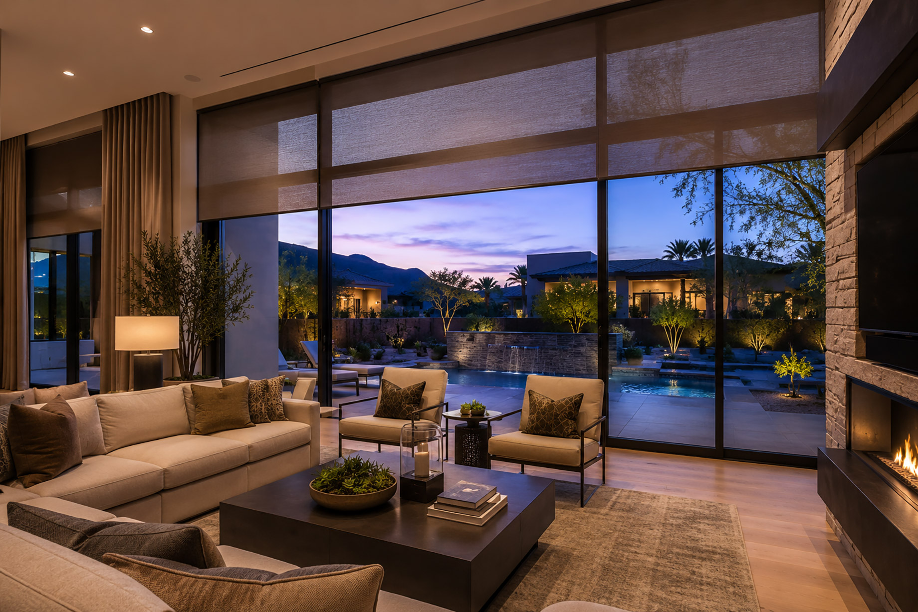 Modern luxury home interior with large glass doors, soft window coverings, warm evening light, and a private pool terrace beyond.