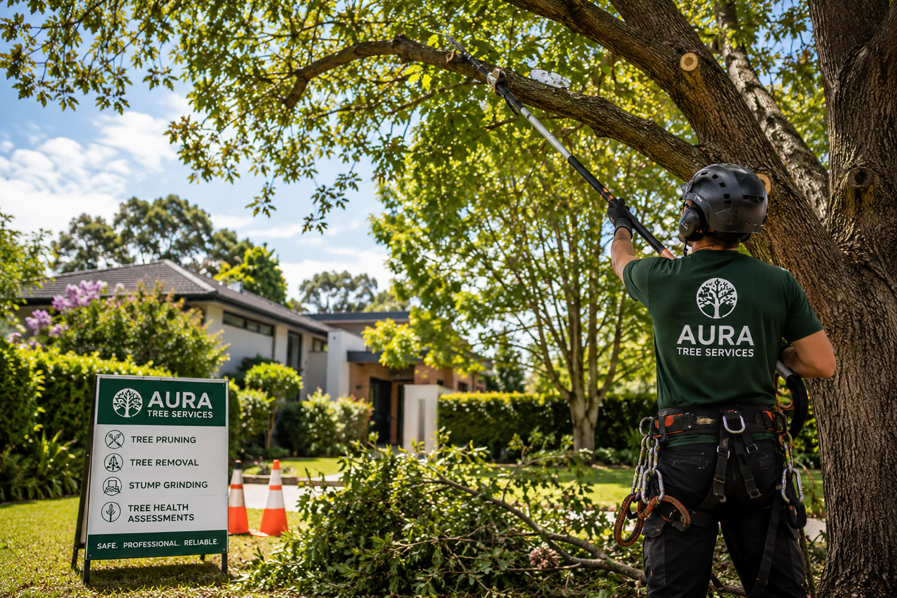 Arborist in safety gear pruning a large tree with long-handled shears in a landscaped suburban yard with trimmed branches, safety cones, and a tree services sign nearby.