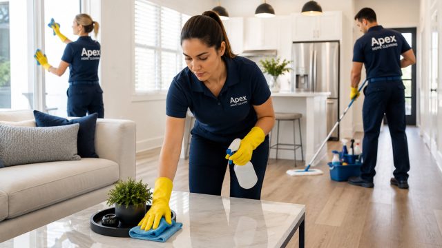 A professional cleaning team works inside a bright modern home, wiping surfaces, cleaning windows, and mopping floors in an organized living space.