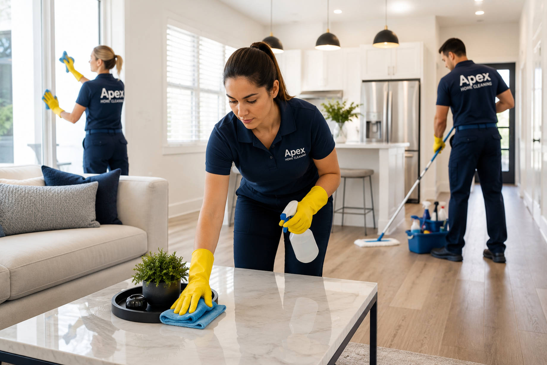 A professional cleaning team works inside a bright modern home, wiping surfaces, cleaning windows, and mopping floors in an organized living space.