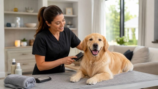 A professional groomer gently brushes a golden retriever on a grooming table inside a bright, comfortable home setting.