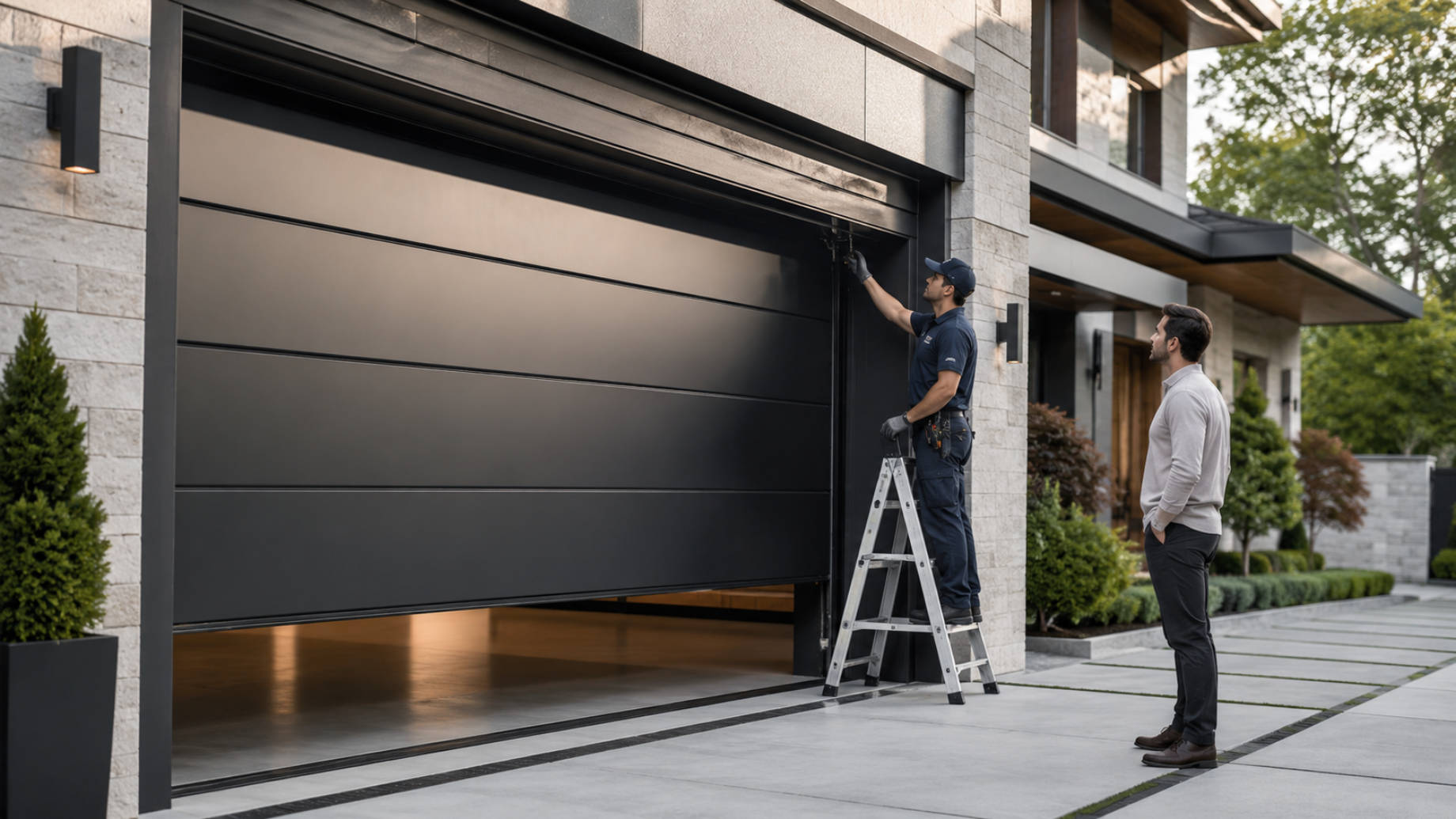 Technician inspecting a modern black garage door at a luxury home while the homeowner watches from the driveway.