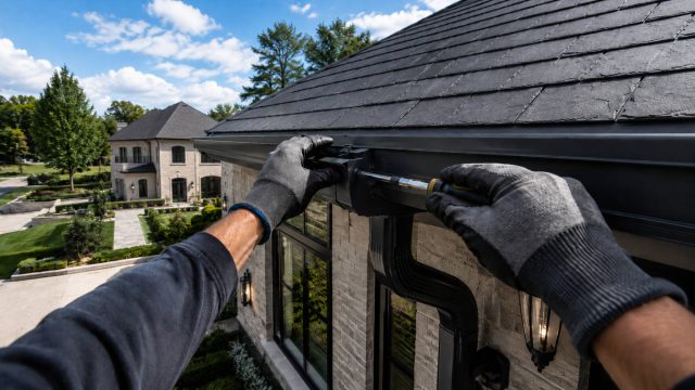 First-person view of a professional repairing a black gutter system on a luxury stone home with a slate roof and landscaped property.