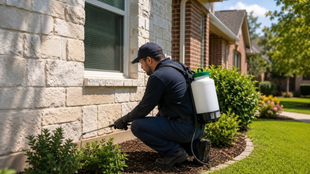 Pest control technician applying exterior treatment along the foundation of a suburban home with stone walls, shrubs, and a green lawn.