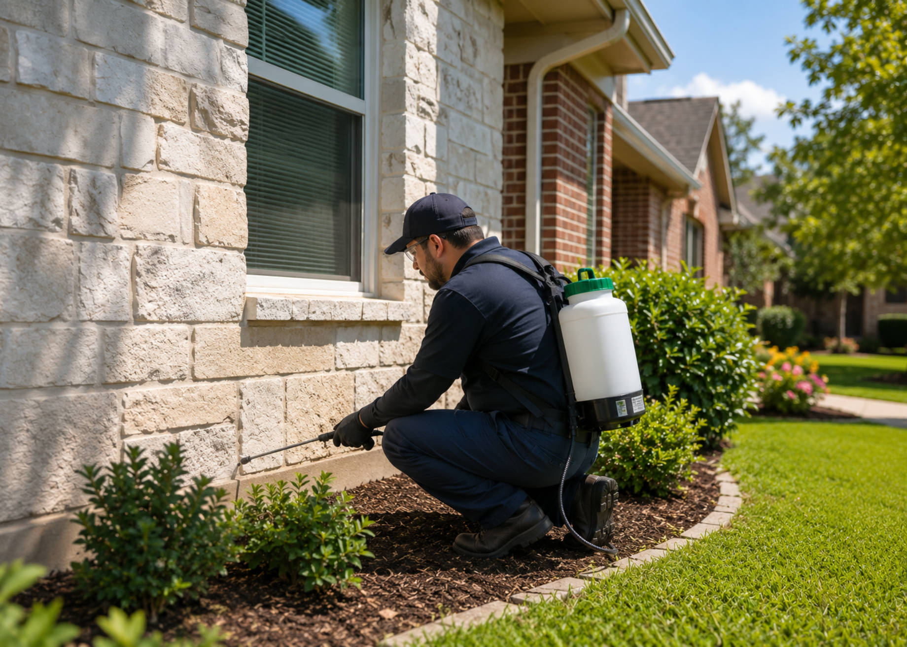 Pest control technician applying exterior treatment along the foundation of a suburban home with stone walls, shrubs, and a green lawn.