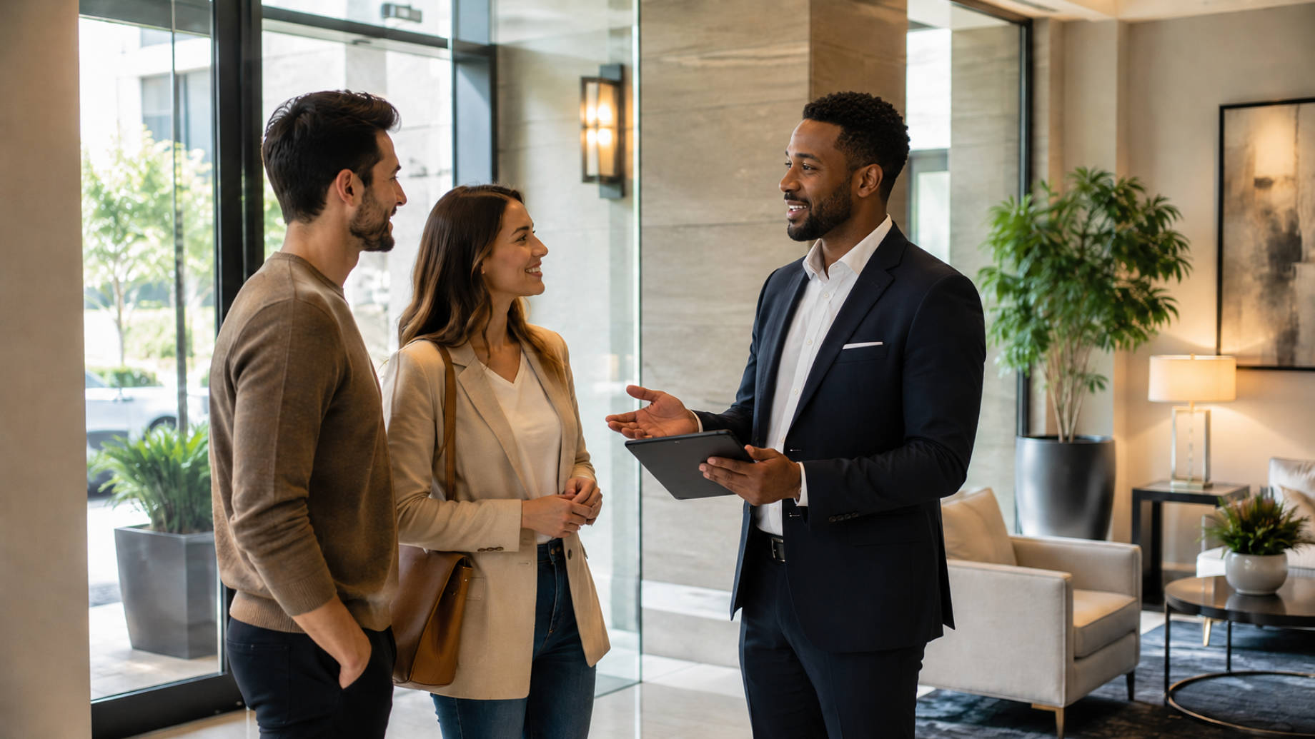 Black property management professional speaking with a couple inside a modern residential lobby while holding a tablet.