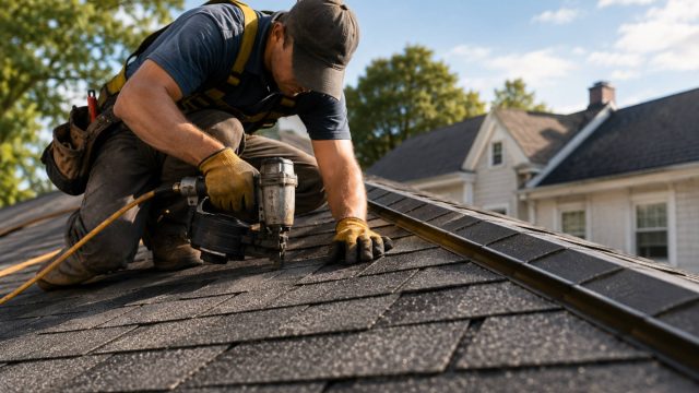 Professional roofer using a pneumatic nail gun to install dark asphalt shingles on a residential roof.