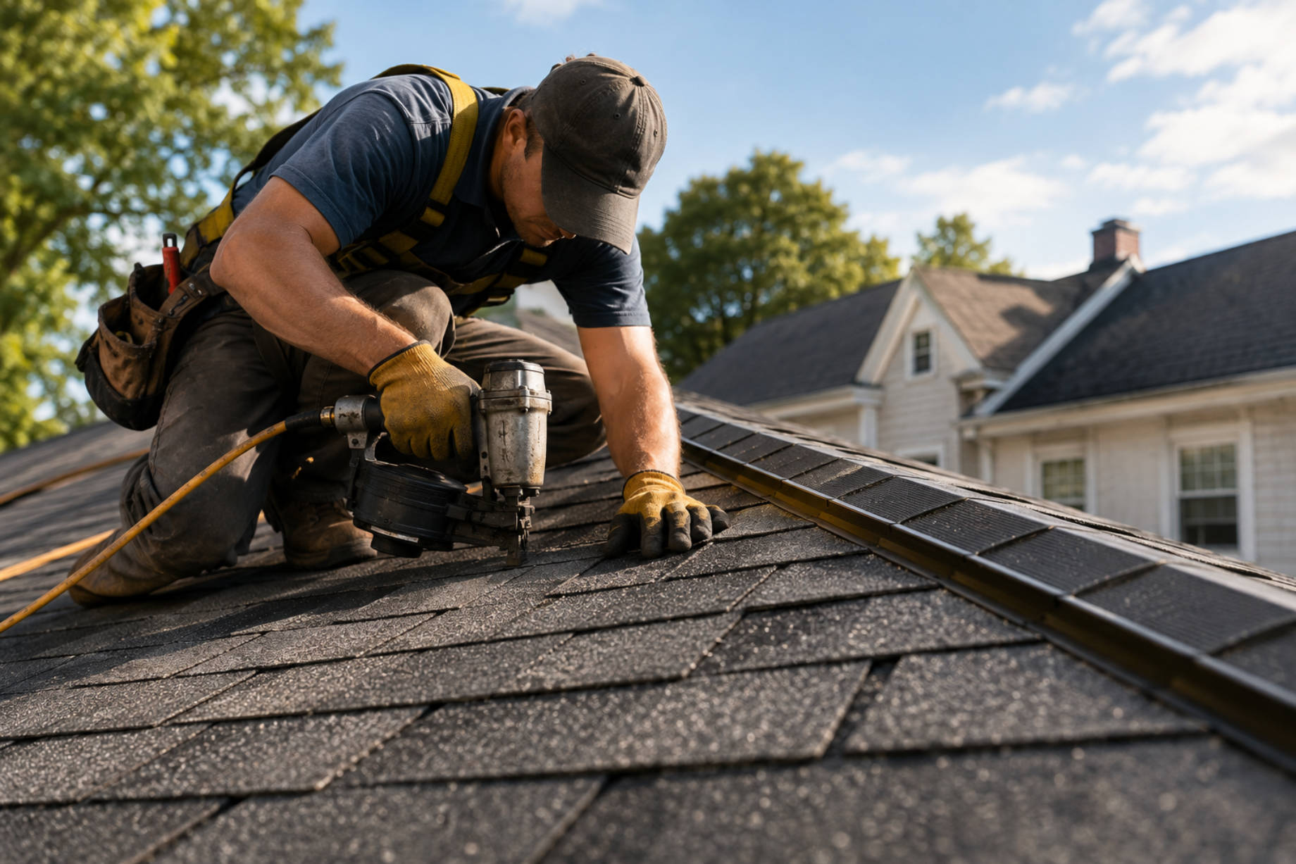Professional roofer using a pneumatic nail gun to install dark asphalt shingles on a residential roof.