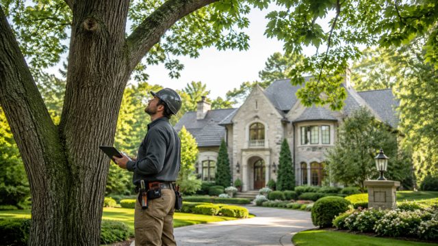 Certified arborist inspecting a mature tree beside a luxury residence with landscaped gardens and a sweeping driveway.