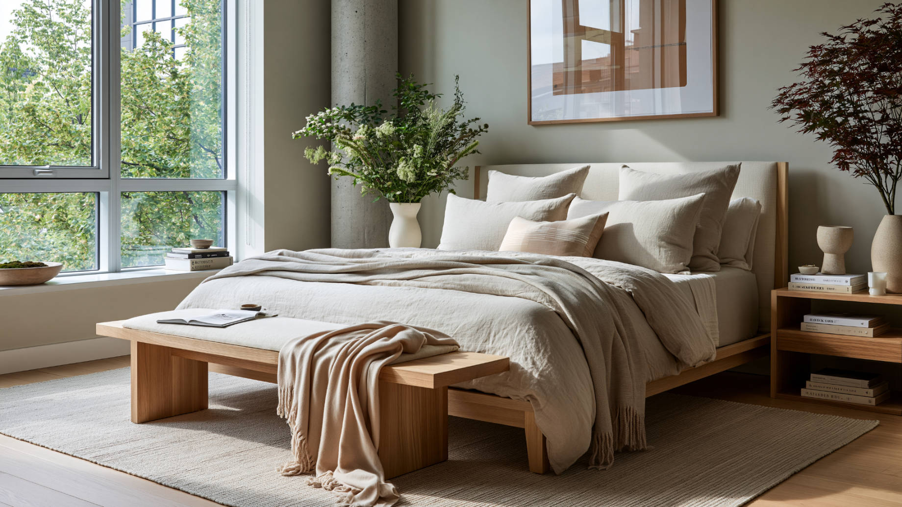 Light wood bed frame with neutral linen bedding, matching bench, soft rug, large windows, indoor greenery, and calm natural light in a primary suite.