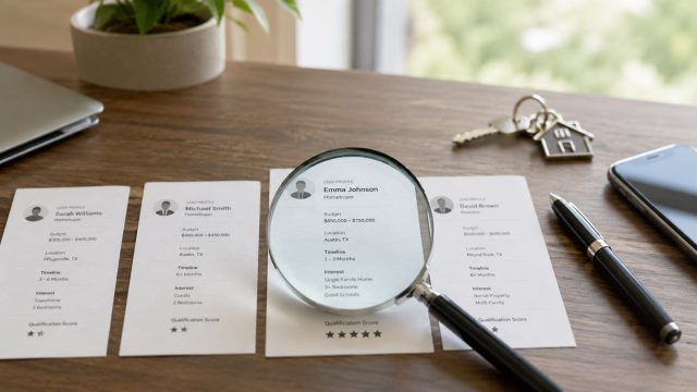 Magnifying glass highlighting a high-value real estate lead profile among several buyer profiles on a wooden desk.