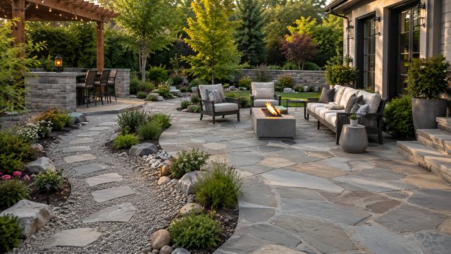 Landscaped backyard with a natural stone patio, curved gravel path, decorative rocks, garden beds, and a seating area around a fire feature.
