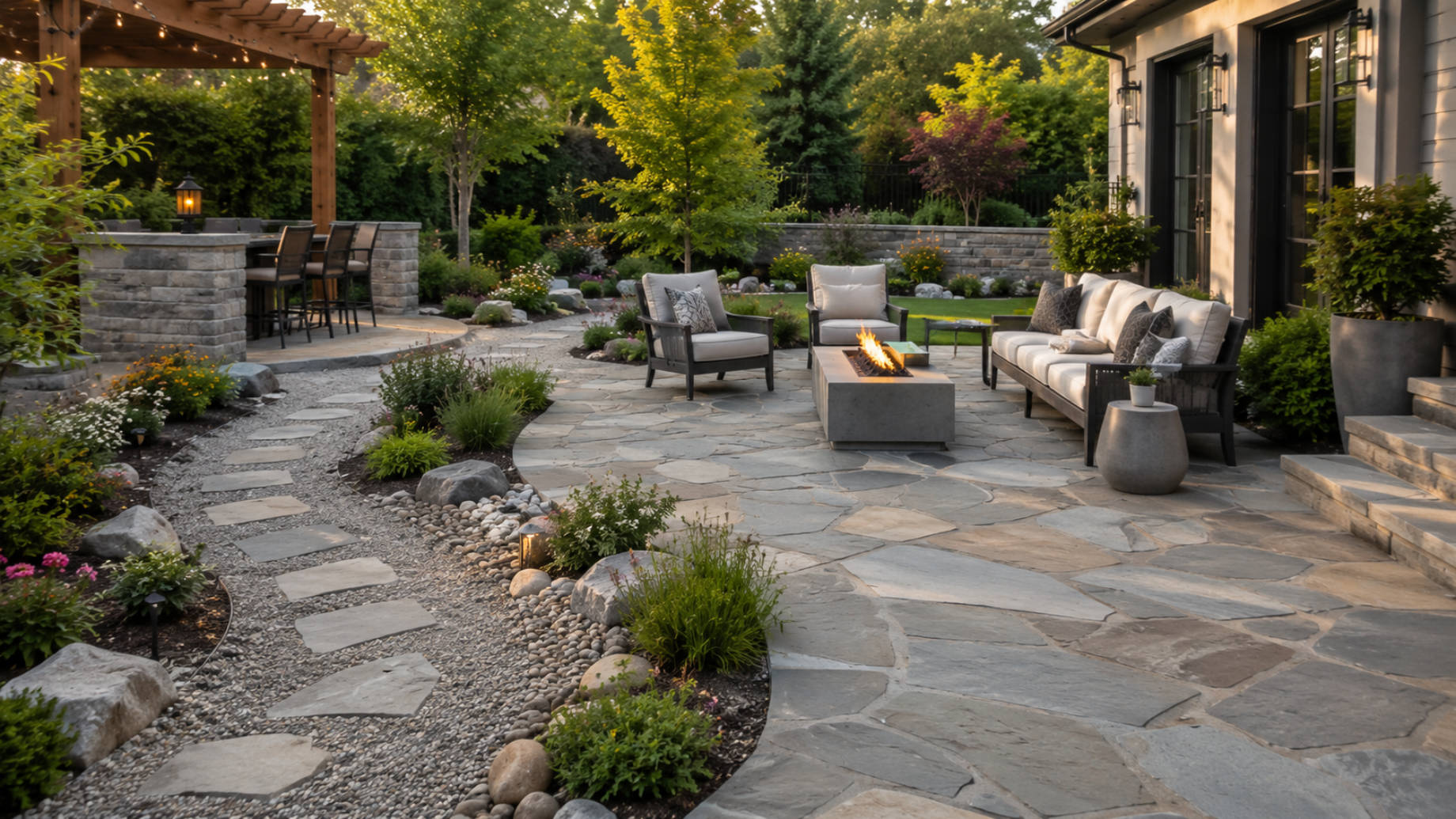 Landscaped backyard with a natural stone patio, curved gravel path, decorative rocks, garden beds, and a seating area around a fire feature.