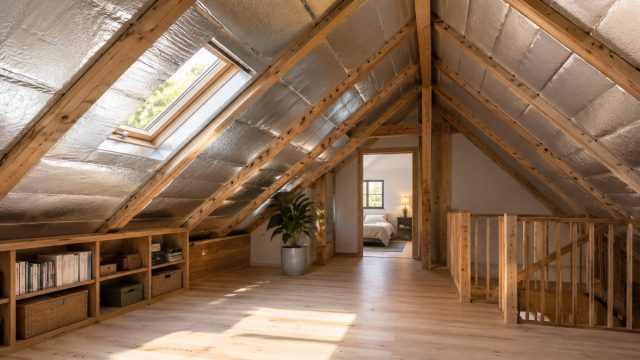 Converted attic with reflective insulation installed between exposed roof rafters beneath a pitched timber roof.