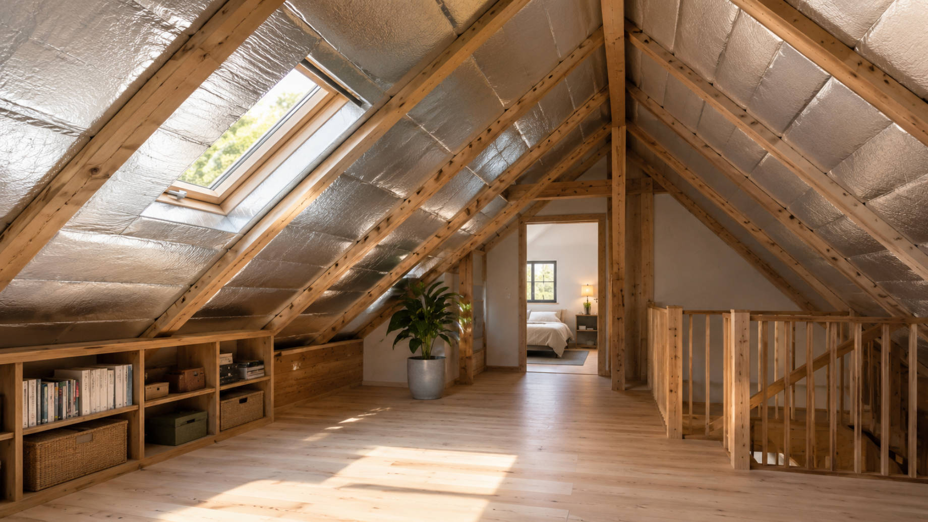 Converted attic with reflective insulation installed between exposed roof rafters beneath a pitched timber roof.