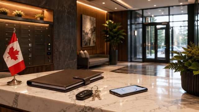 Canadian flag beside apartment keys, a lease folder, and a smartphone in a luxury residential lobby.