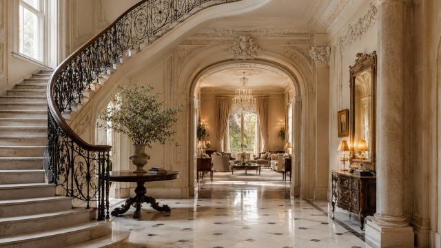 Ornate historic mansion foyer with a sweeping marble staircase, wrought iron railing, carved plaster details, polished floors, and a formal sitting room beyond.