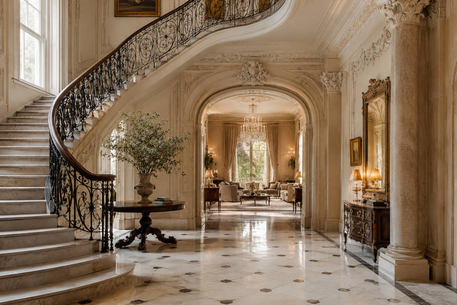 Ornate historic mansion foyer with a sweeping marble staircase, wrought iron railing, carved plaster details, polished floors, and a formal sitting room beyond.