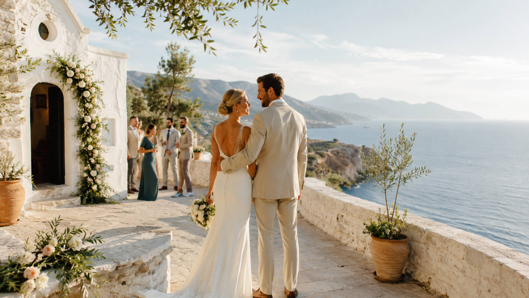 Newlywed couple outside a white stone chapel overlooking the sea and mountains during a destination wedding in Crete.