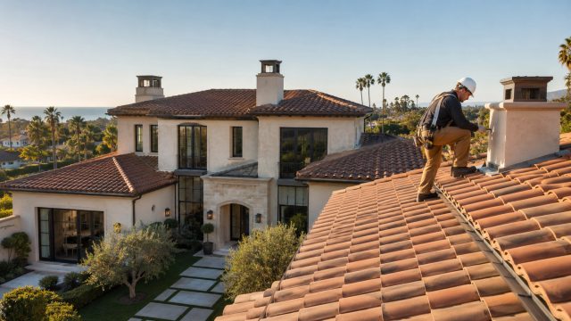 Roofer inspecting the clay tile roof of a large California estate with stone chimneys, landscaped grounds, palm trees, and an ocean view in the distance.