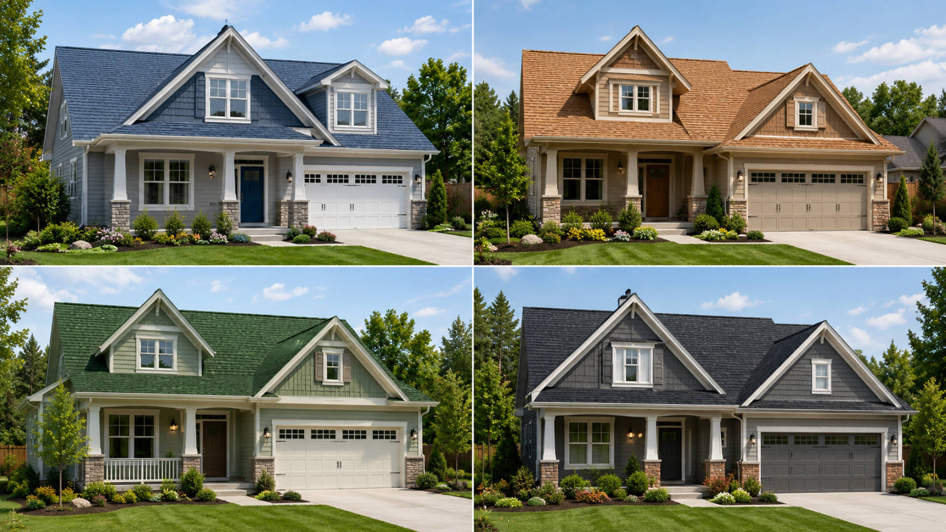 Four suburban homes shown side by side with different roof shingle colors, including blue-gray, warm brown, green, and charcoal black.
