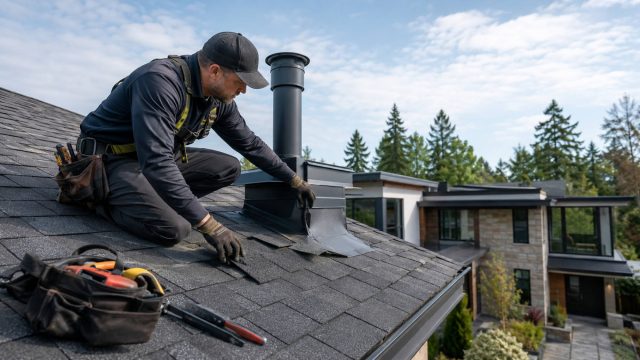 A roofing professional checks vent flashing and shingles on a modern home roof with tools nearby under a bright sky.