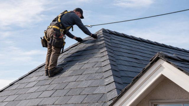A roofing professional wearing a safety harness inspects and repairs a slate roof under a clear daytime sky.