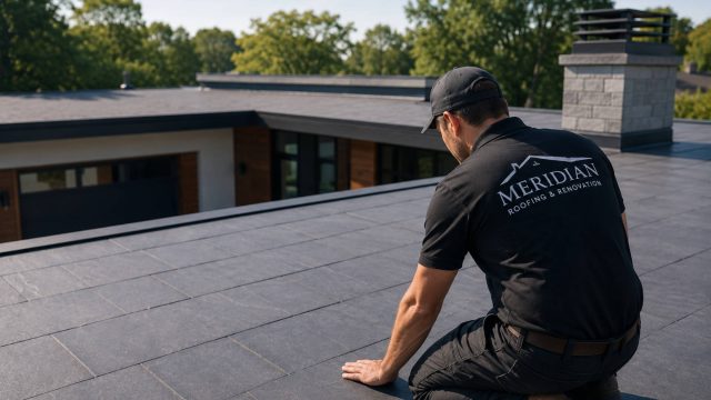A roofing professional inspects a low-slope slate roof on a modern contemporary home during clear daylight.