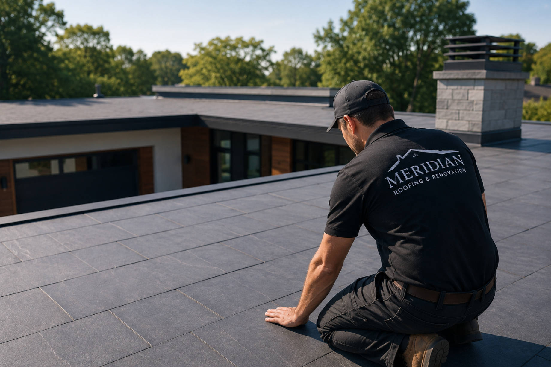 A roofing professional inspects a low-slope slate roof on a modern contemporary home during clear daylight.