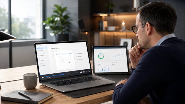 SaaS professional watching a product onboarding explainer video on a laptop beside a customer retention analytics dashboard.