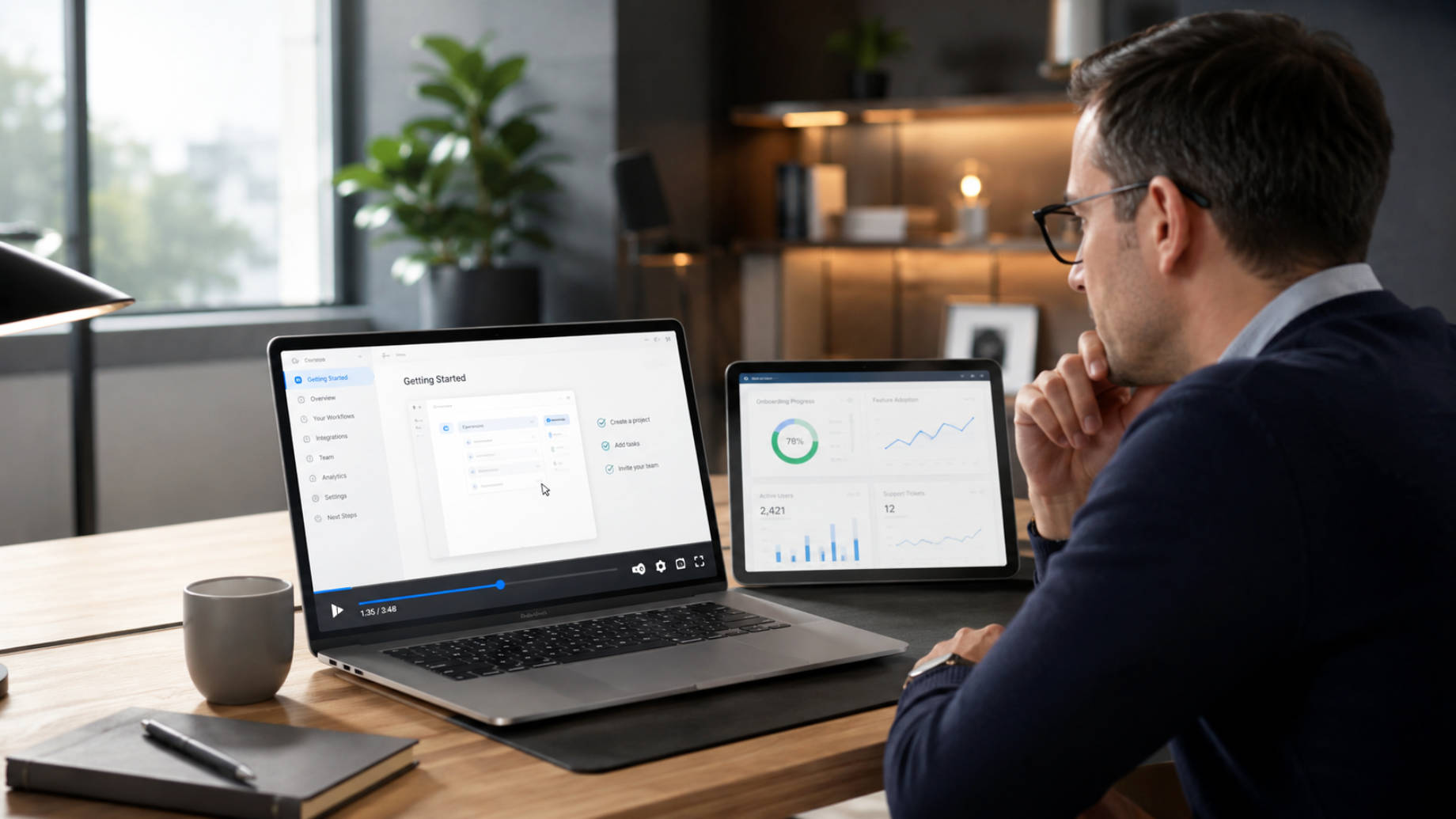 SaaS professional watching a product onboarding explainer video on a laptop beside a customer retention analytics dashboard.