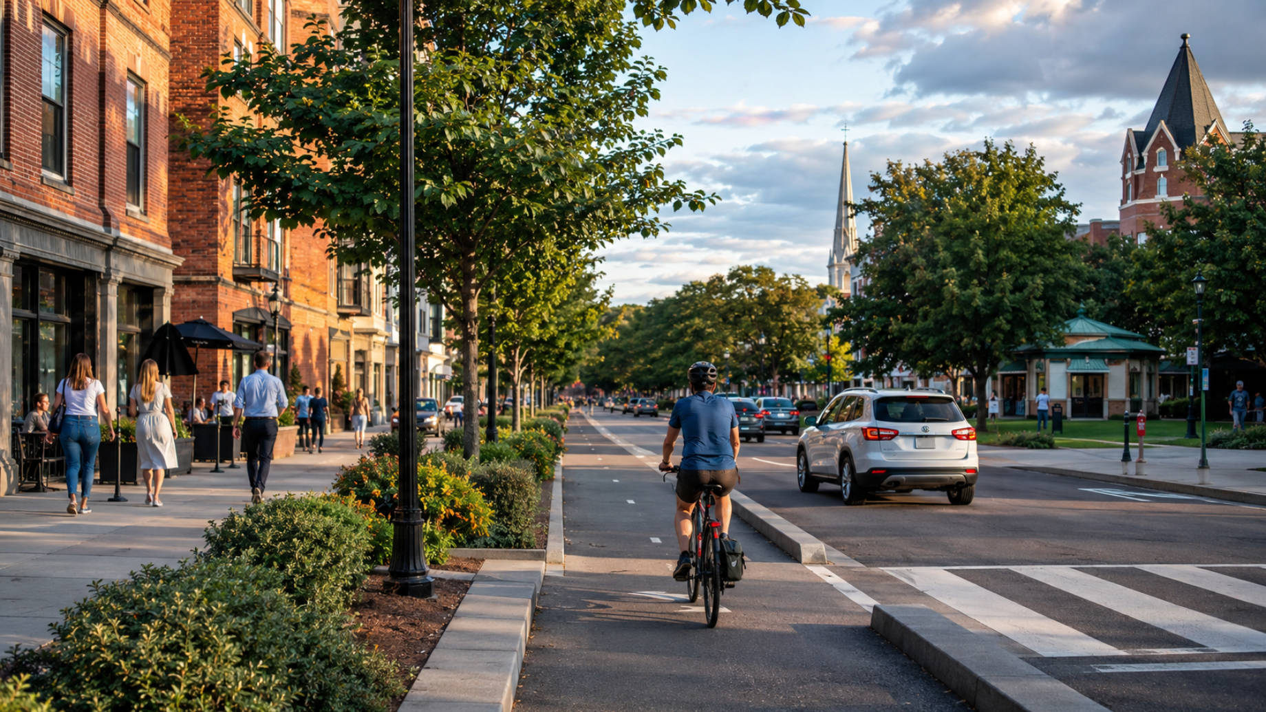 Cyclist riding in a protected bike lane beside local traffic, landscaped sidewalks, pedestrians, and historic buildings.