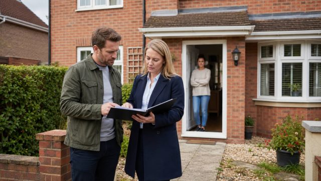 Landlord reviewing property sale documents with an estate agent while the tenant stands at the entrance of a rented home.