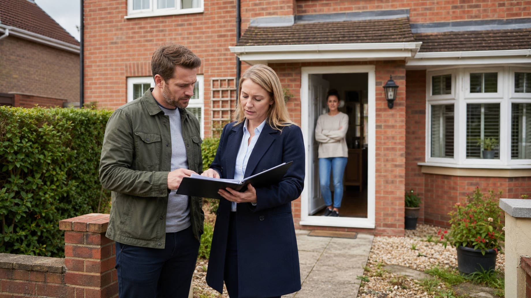 Landlord reviewing property sale documents with an estate agent while the tenant stands at the entrance of a rented home.