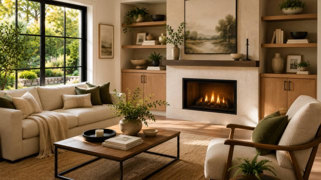 Sunlit luxury living room with durable neutral furnishings, built-in wood storage, a stone fireplace, and large garden-facing windows.