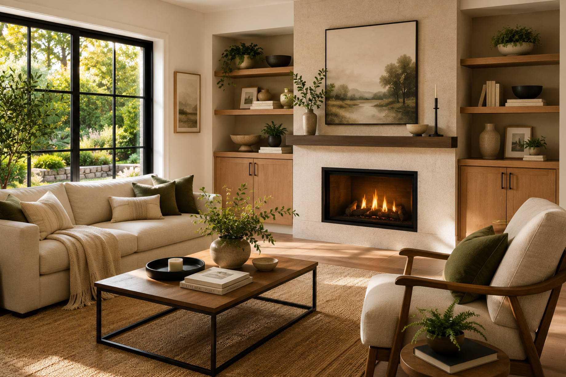 Sunlit luxury living room with durable neutral furnishings, built-in wood storage, a stone fireplace, and large garden-facing windows.