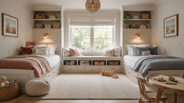 Bright shared children’s bedroom with twin beds, built-in shelves, under-bed drawers, a window bench, soft neutral colours, and a small play table.