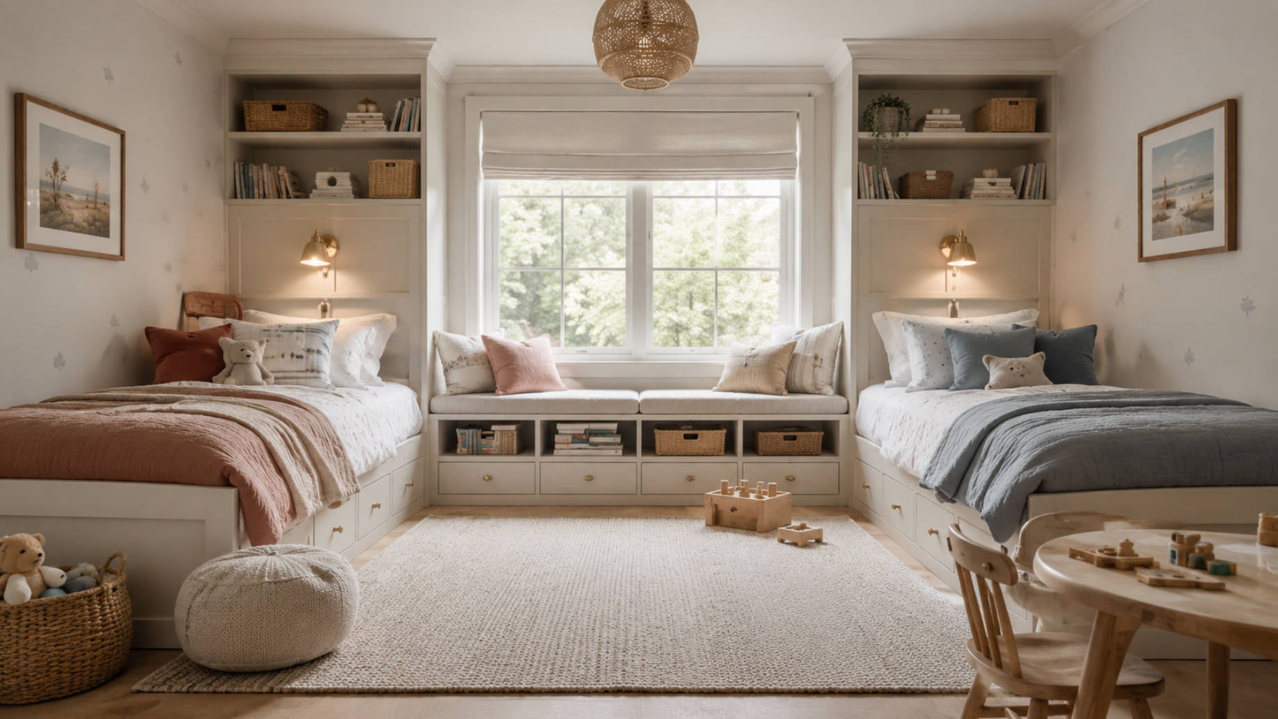 Bright shared children’s bedroom with twin beds, built-in shelves, under-bed drawers, a window bench, soft neutral colours, and a small play table.