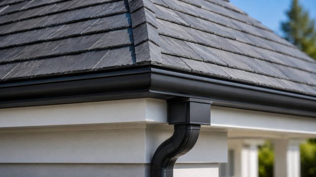 Close-up of a slate roof corner with black gutters, clean fascia, white exterior trim, and softly blurred home details in the background.